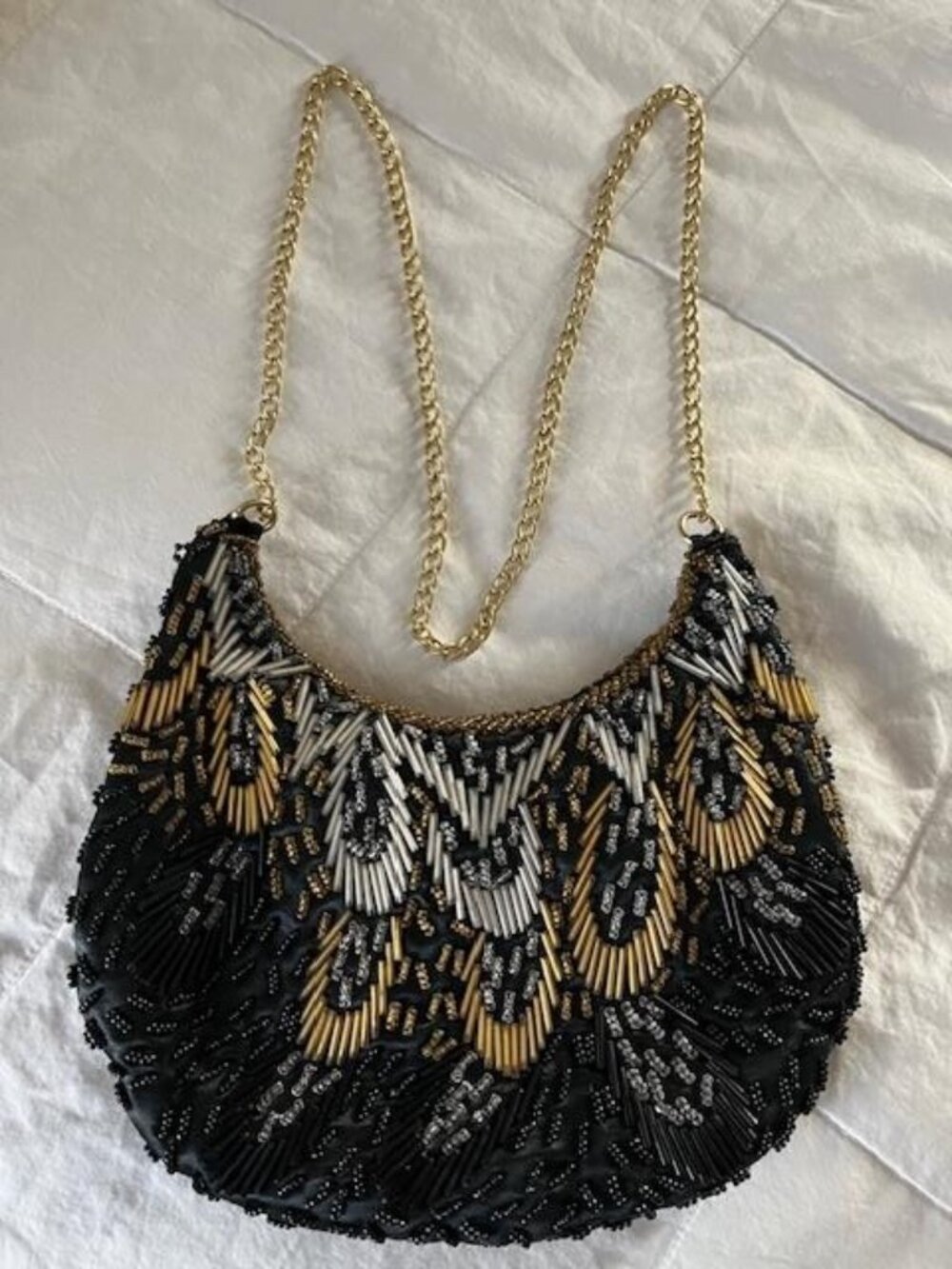 Hand Made Bag of Gold, Silver, Black Beads/by La Regale of Hong Kong/Vintage - Picture 2 of 3